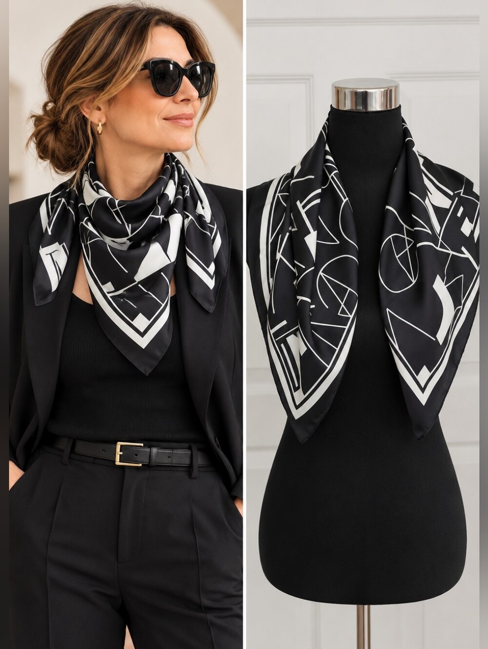 Joseph Ribkoff Black White Abstract Geometric Statement Square Scarf.